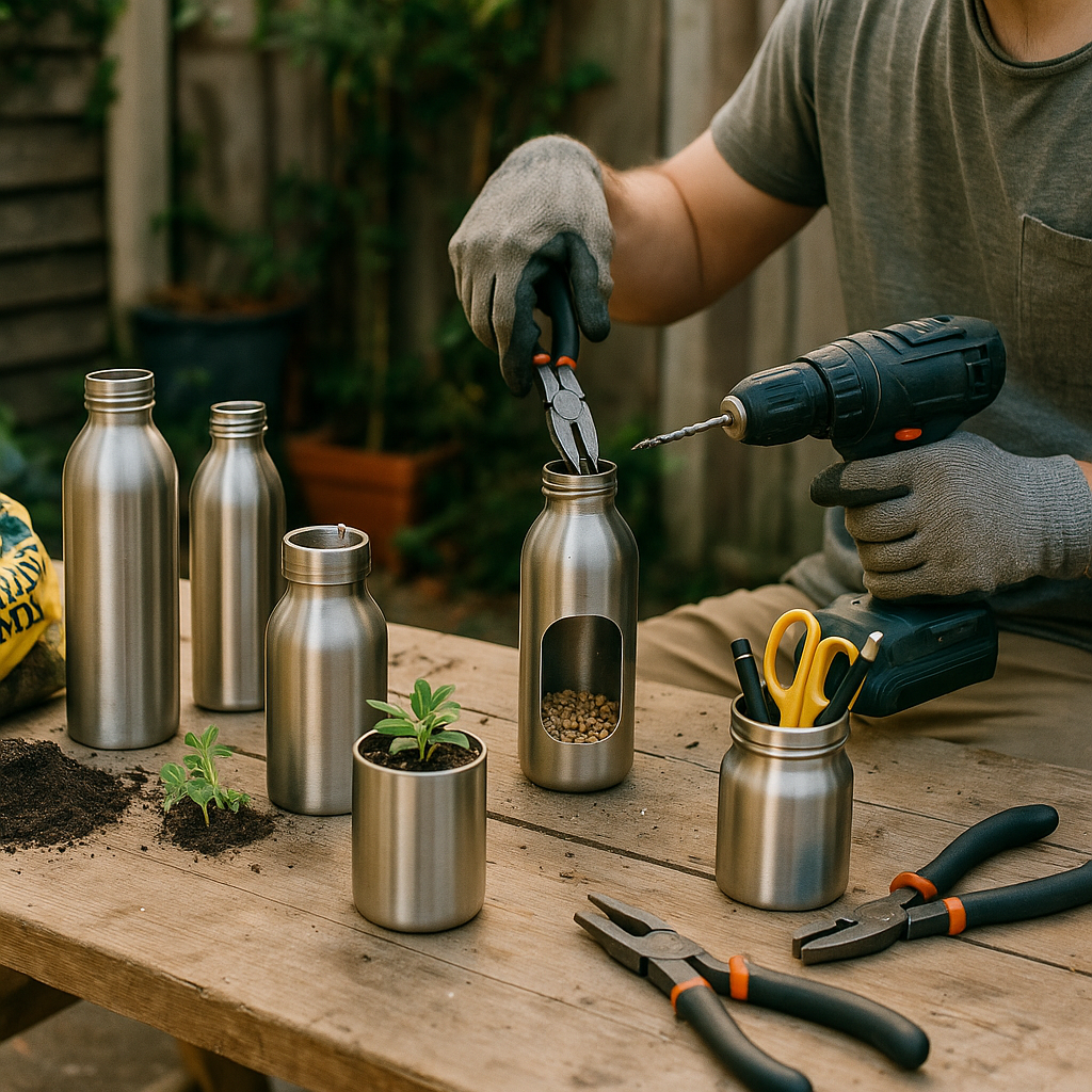 Transformation of Stainless Steel Bottles into Functional Art DIY enthusiast transforming old stainless steel bottles into creative items.