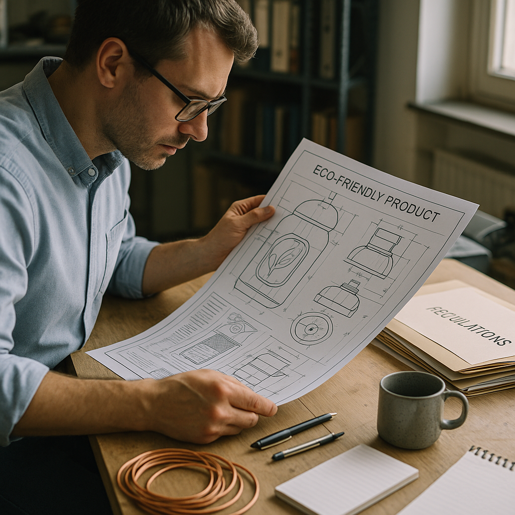 Eco-Friendly Product Blueprint Review Engineer examining eco-friendly product blueprint next to stack of regulatory documents with visible copper wires.