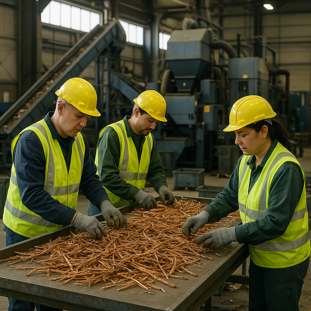 Efficient Copper Recycling Facility Efficient copper recycling facility with workers sorting high-grade scrap, conveyor belts and processing machinery in background