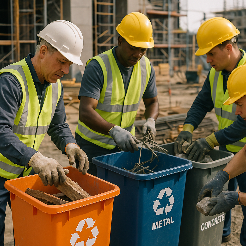 Efficient Waste Sorting on Construction Site Efficient waste sorting system on a construction site with color-coded bins and workers carefully placing materials.