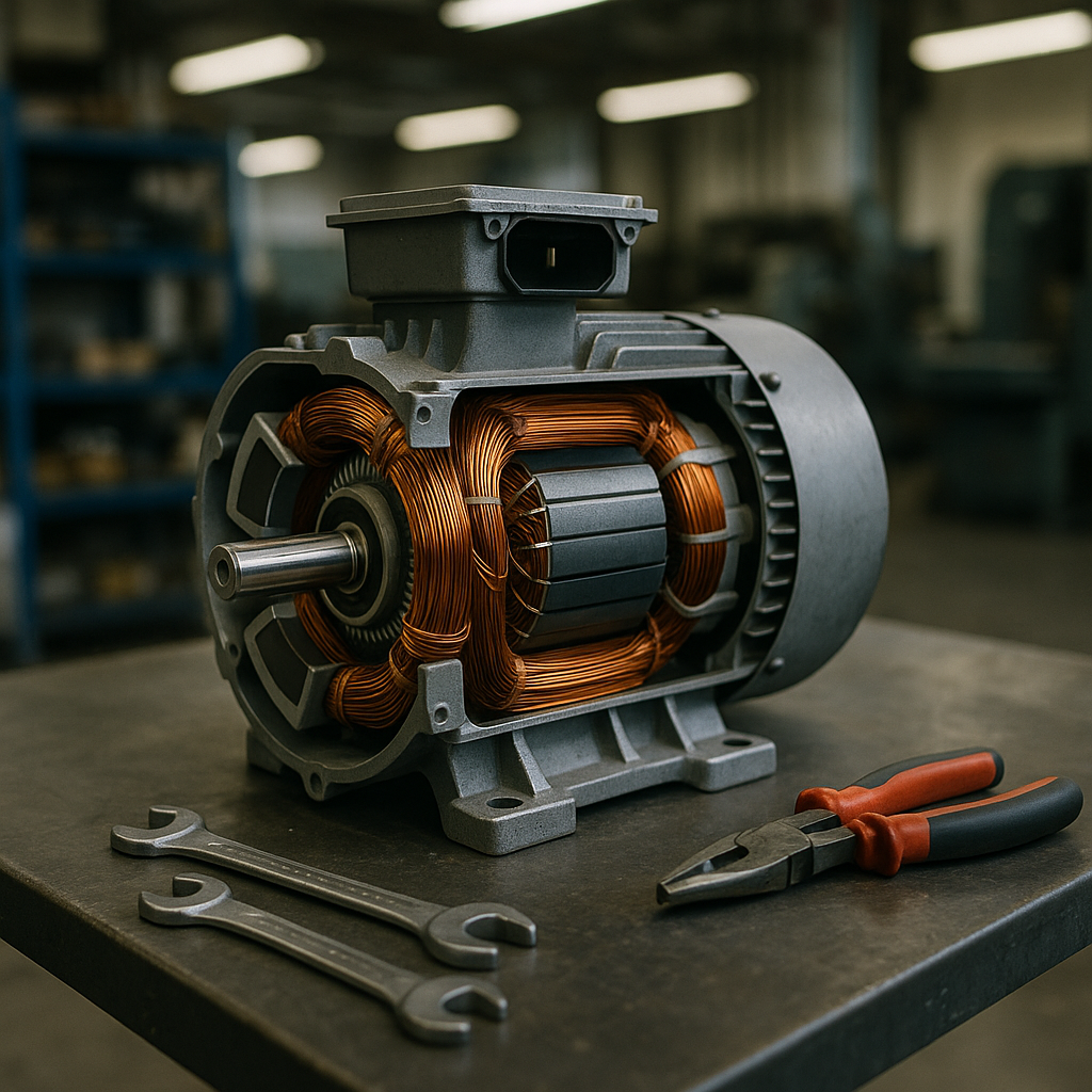 Cutaway View of Electric Motor Electric motor cutaway showing copper windings and magnets in an industrial setting.