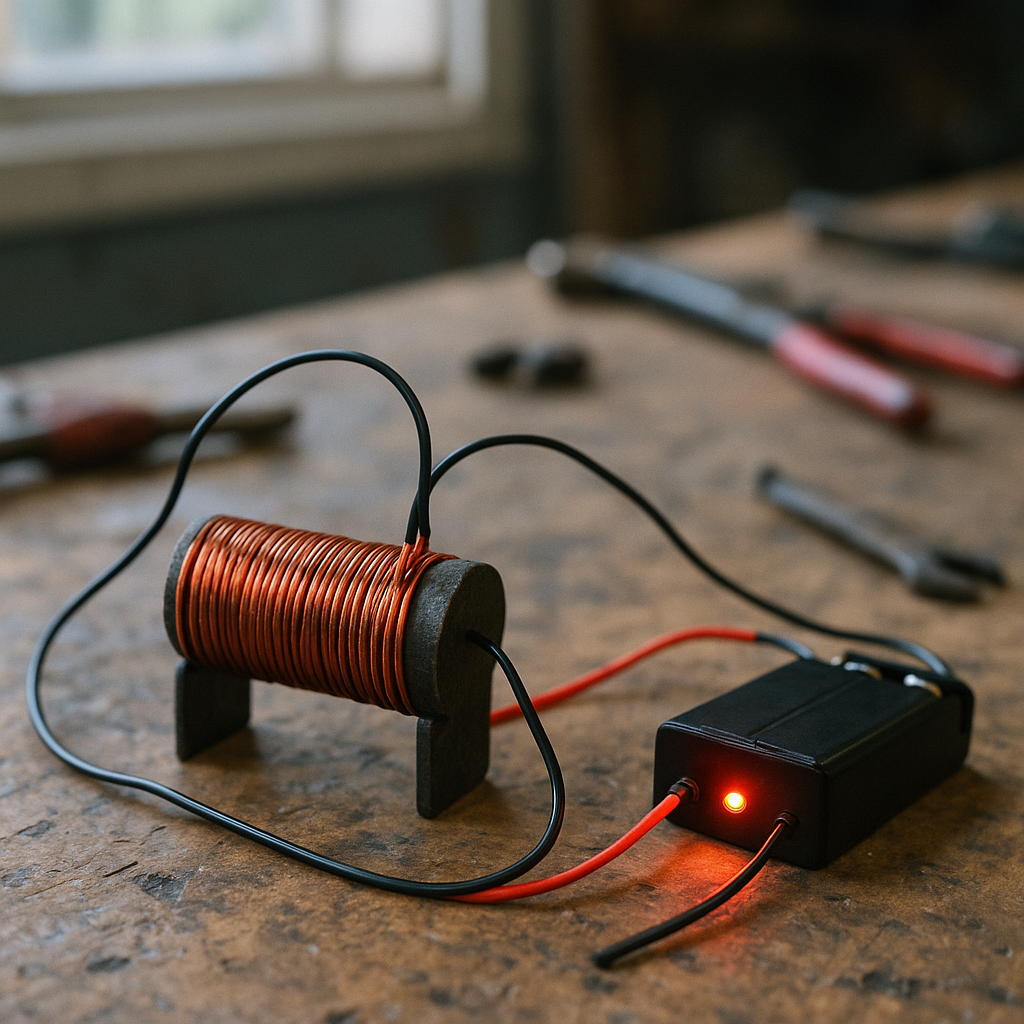 Close-up of an electromagnet with visible copper wire coils and iron core, connected to a battery with glowing indicator light.