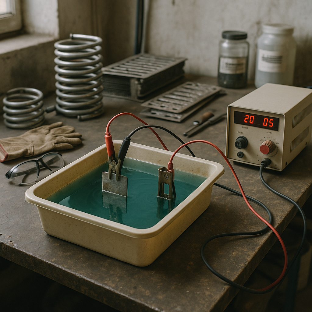 Electroplating Setup for Metal Recovery Electroplating setup with electrodes immersed in solution, recovering pure metals from chiller components