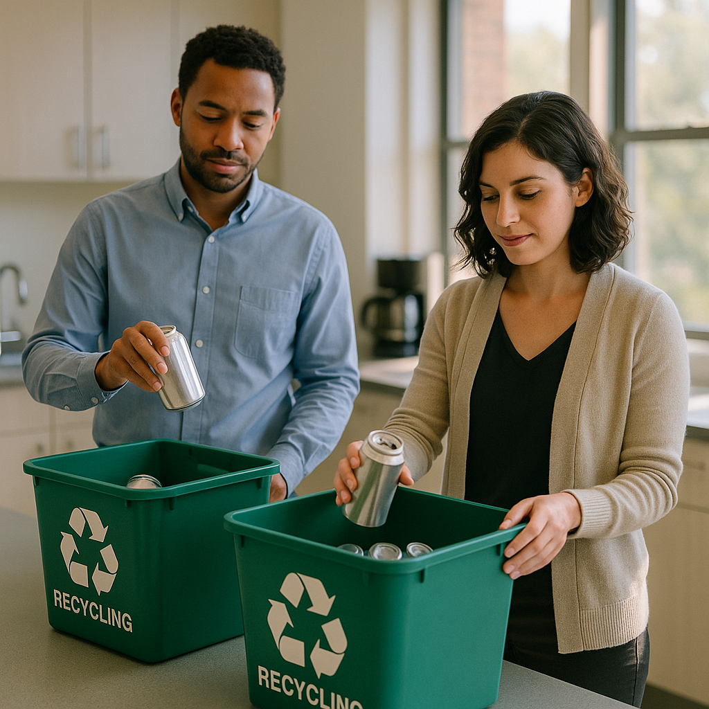 Sorting Aluminum Cans in Office Kitchen Employees sorting aluminum cans into labeled bins in a bright office kitchen