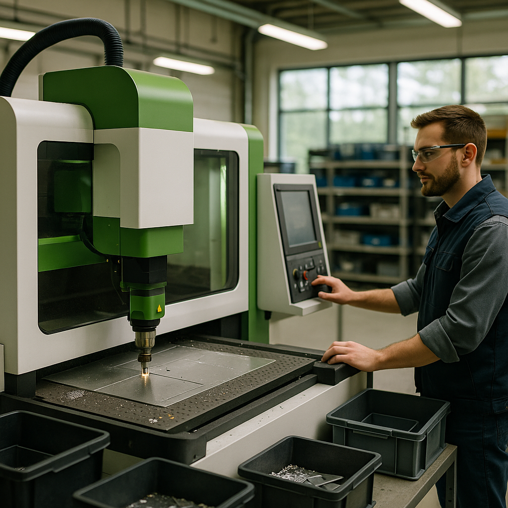 Efficient CNC Machine in Sustainable Factory Energy-efficient CNC machine cutting material with minimal waste in a sustainable factory setting.