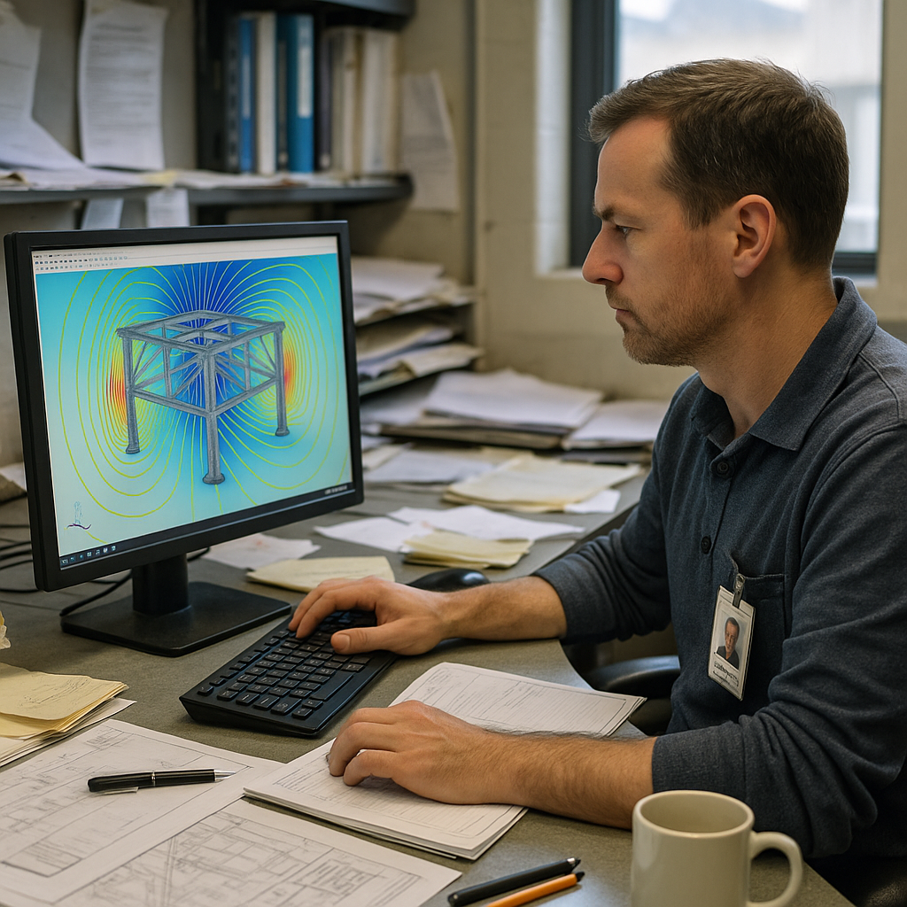 Engineer using computer simulation to design advanced steel structure, magnetic field lines visible.