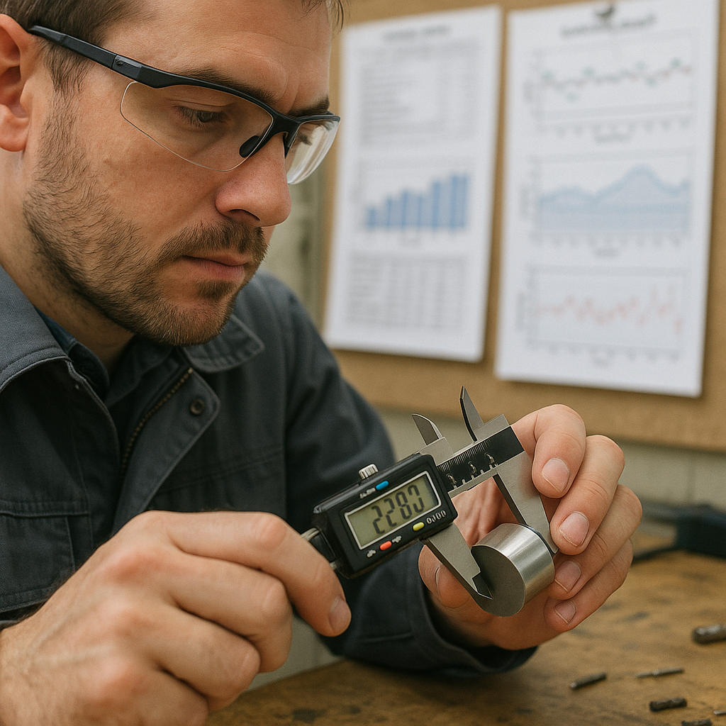 Engineer Using Precision Measuring Tool on Magnet Close-up of engineer using high-precision measuring tool on finished magnet, with quality control charts in background.