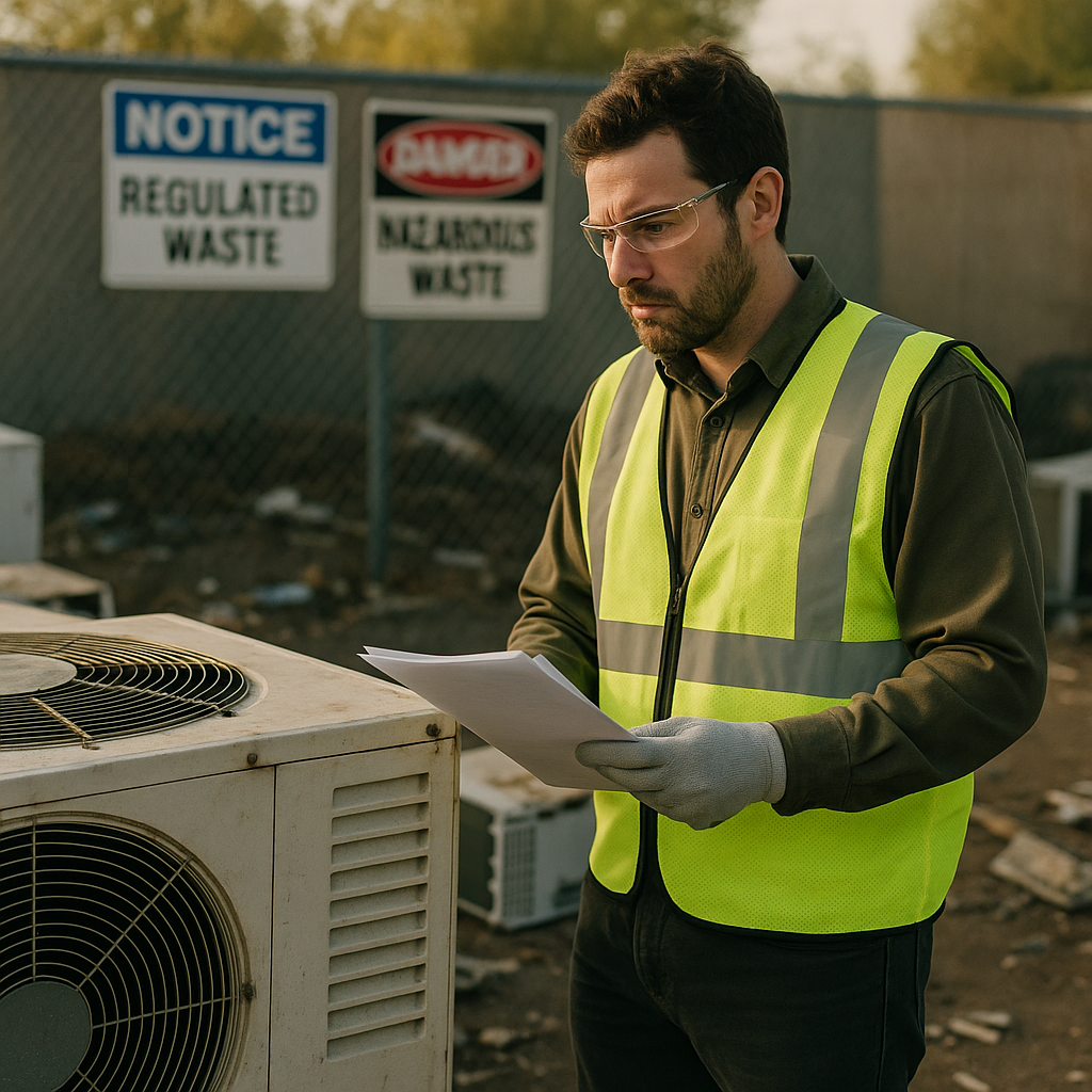 Environmental Inspector at Work Environmental inspector checking paperwork and examining large AC unit at disposal site with regulatory signs visible in background.