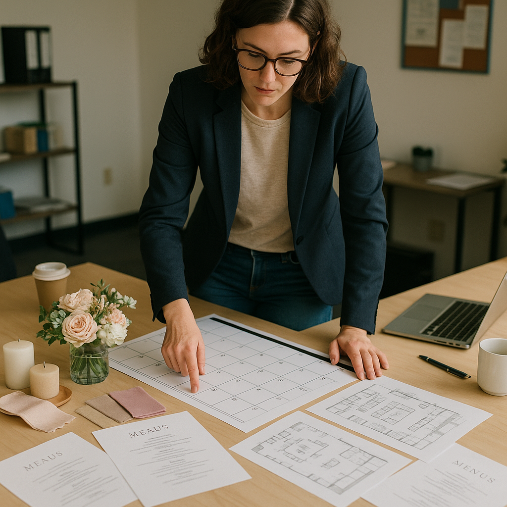 Event Planner with Calendar and Venue Plans Event planner examining a large calendar and venue floor plans, surrounded by sample decorations and catering menus