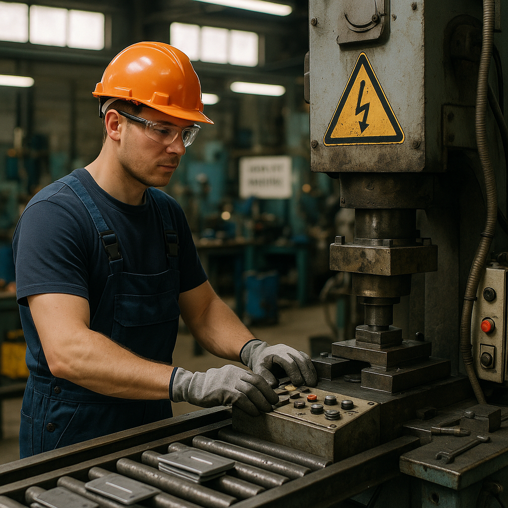 Factory Worker with Magnet Pressing Machine Factory worker operating a large magnet pressing machine, surrounded by conveyor belts and quality control stations