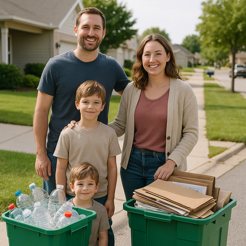 Family and Recycling Bins in Clean Neighborhood Family proudly standing next to full recycling bins on curb, clean neighborhood visible