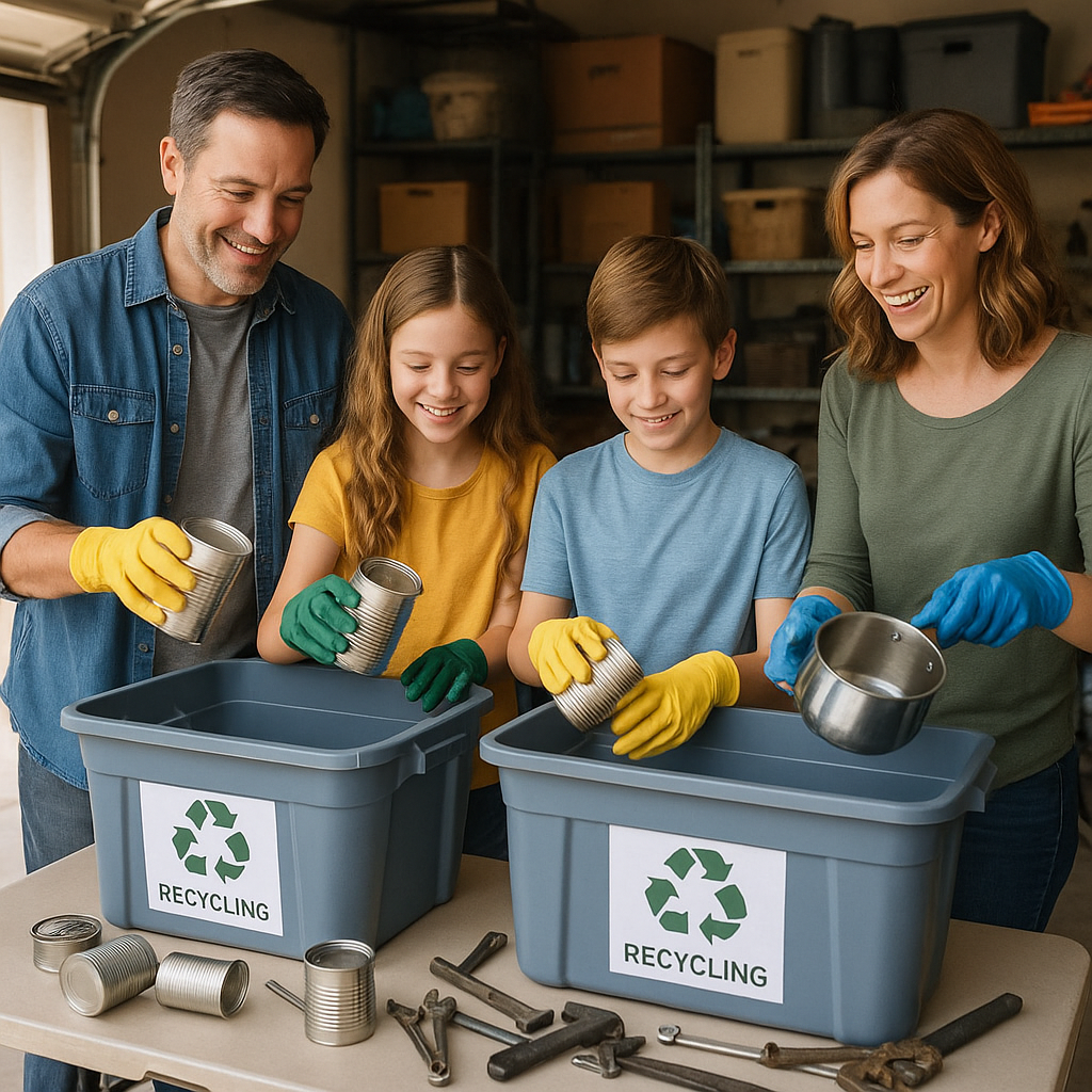Family Recycling Day Family sorting metal items into recycling bins in their garage, smiling and working together.