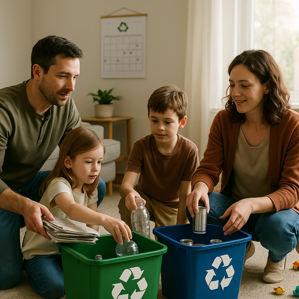 Family Recycling Day Family working together to sort recyclables in living room with a recycling schedule visible on a calendar.