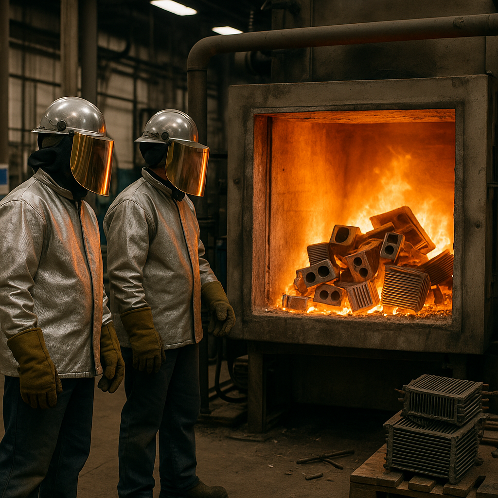 Furnace Melting Metal Parts Workers in protective gear observing the furnace melting metal parts from chillers.