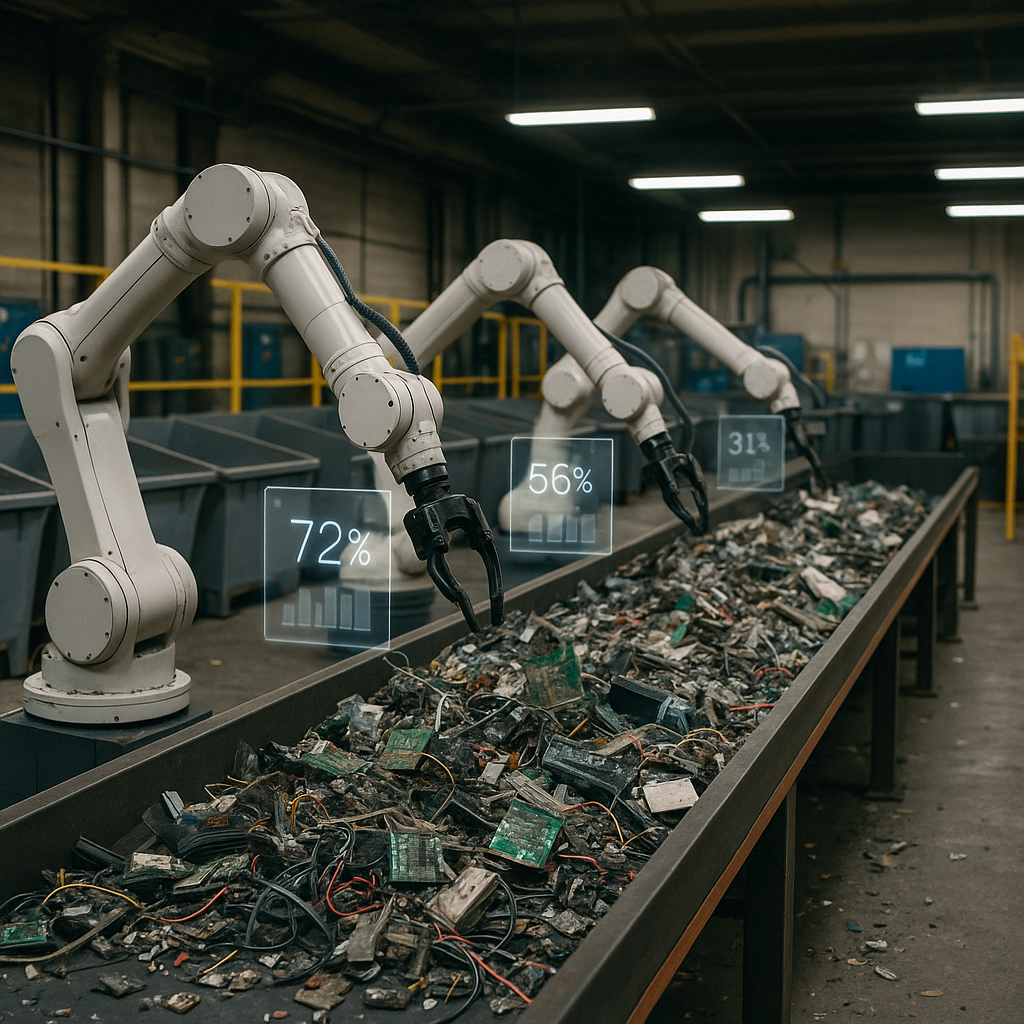 Futuristic Automated Electronic Waste Recycling Plant Futuristic automated recycling plant with robotic arms sorting electronic waste