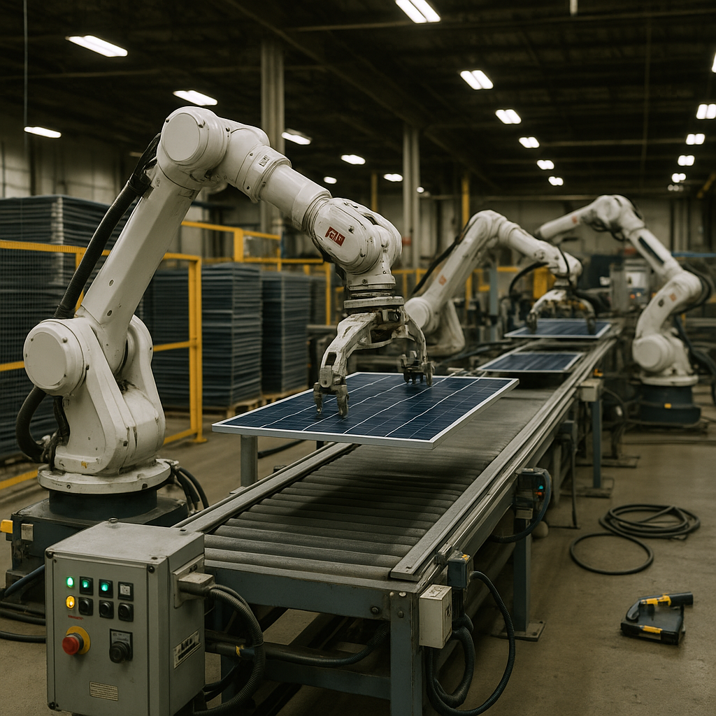 Futuristic Automated Recycling Plant for Solar Panels Futuristic automated recycling plant processing solar panels with robotic arms and advanced sorting technology