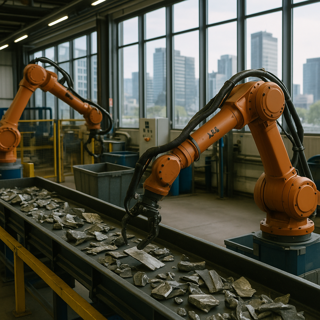 Futuristic Recycling Plant Futuristic automated recycling plant with robotic arms processing lead, clean cityscape visible through large windows