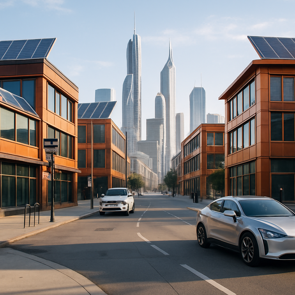 Futuristic City Skyline Futuristic city skyline with visible copper elements in buildings, solar panels, and electric vehicles on clean streets