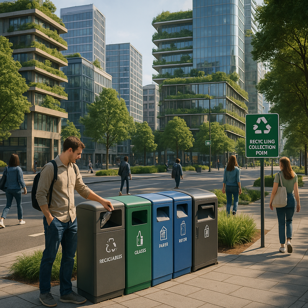 Futuristic Cityscape with Recycling Infrastructure Futuristic cityscape showcasing recycling infrastructure, clean air, and green spaces