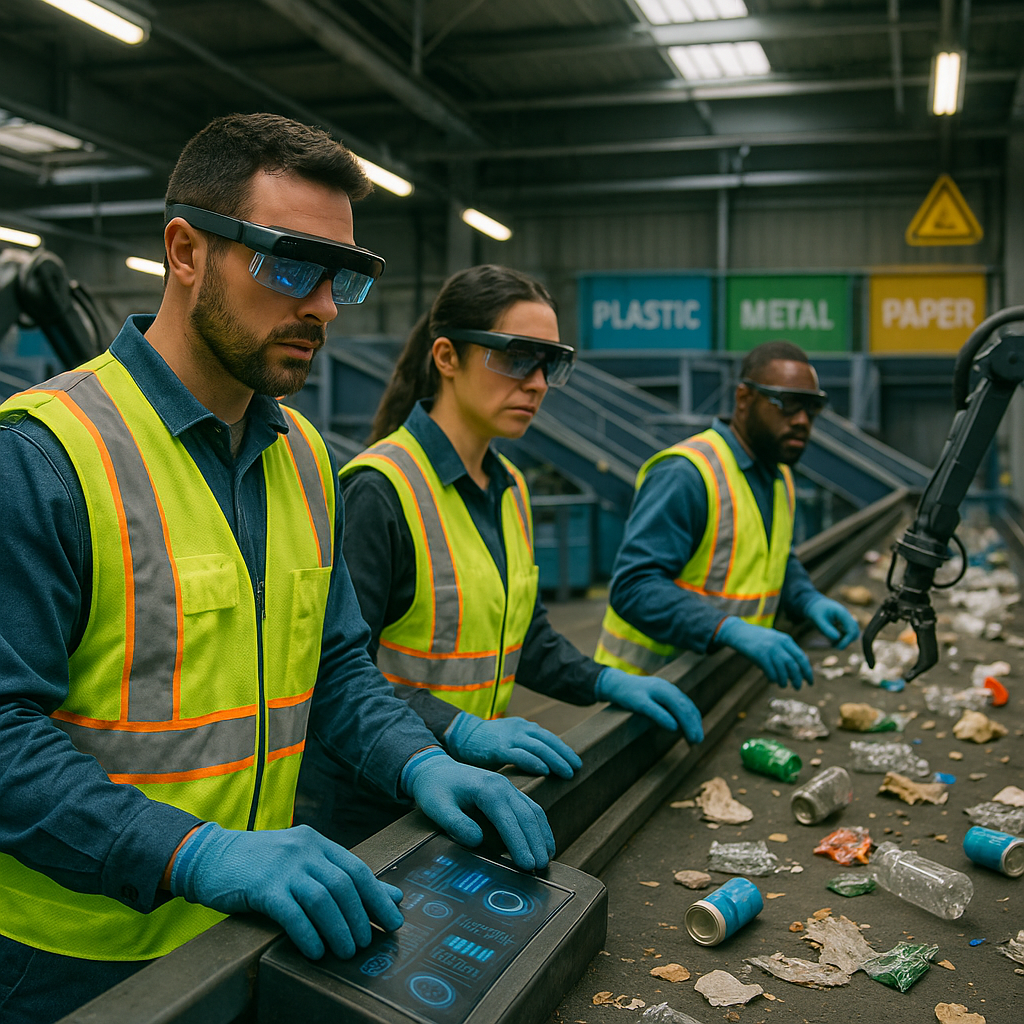 Futuristic Recycling Facility Futuristic recycling facility with advanced sorting technology and workers using augmented reality glasses.