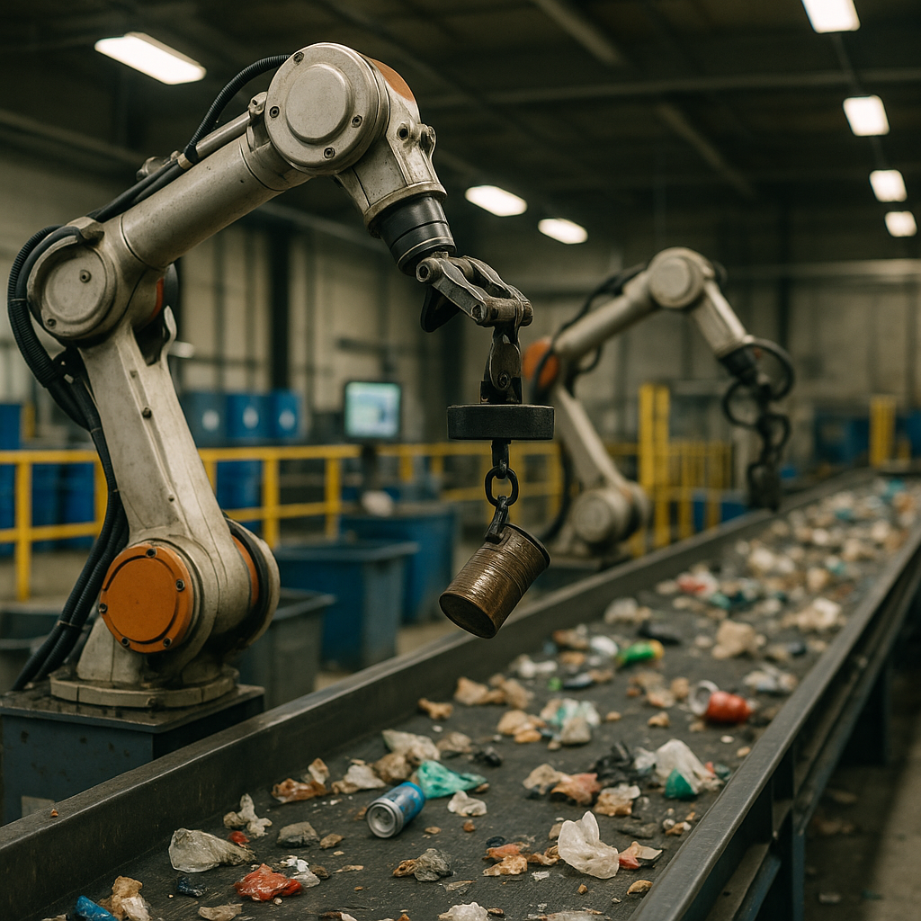 Futuristic Recycling Facility Futuristic recycling facility with robotic arms separating magnetic materials from mixed waste on conveyor belt