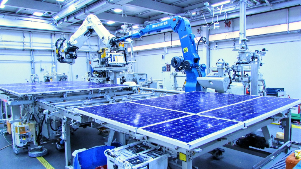 Futuristic Automated Solar Panel Recycling Line Futuristic automated recycling line processing solar panels with robotic arms and conveyor belts in a clean industrial setting.