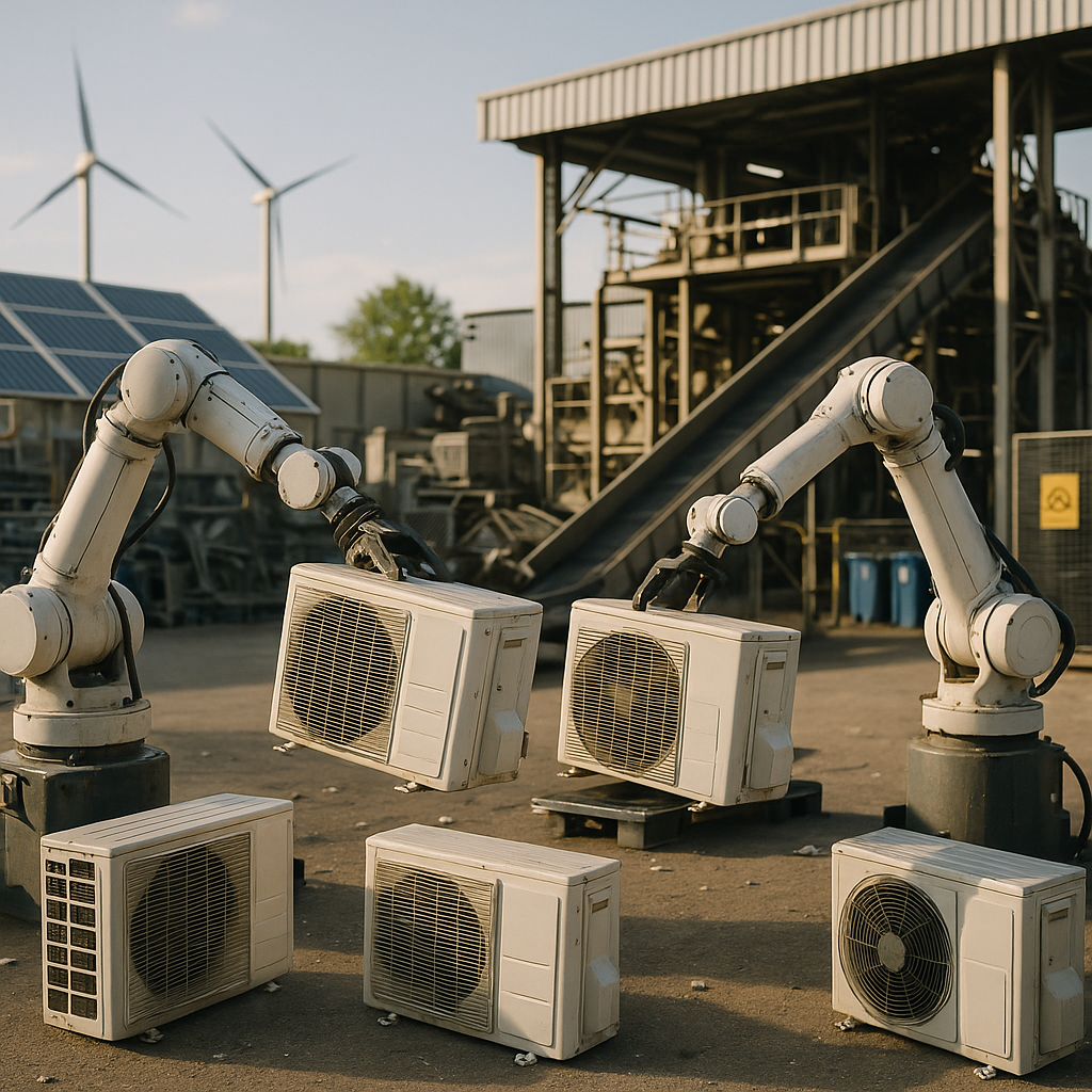 Automated Recycling Plant with Renewable Energy Futuristic recycling plant with automated robots processing AC units surrounded by renewable energy sources.