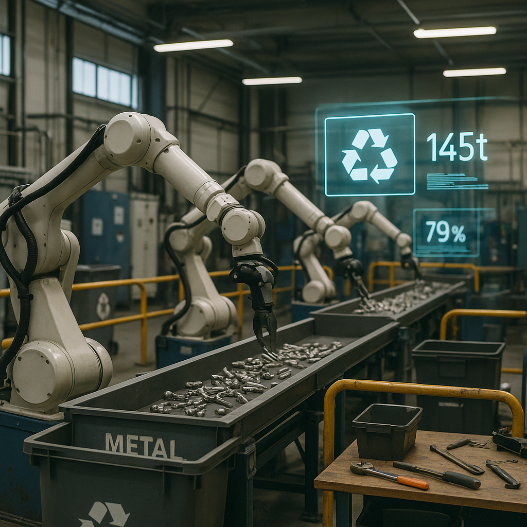 Futuristic Automated Recycling Plant Futuristic automated recycling plant with robotic arms sorting metals and holographic displays showing recycling statistics.