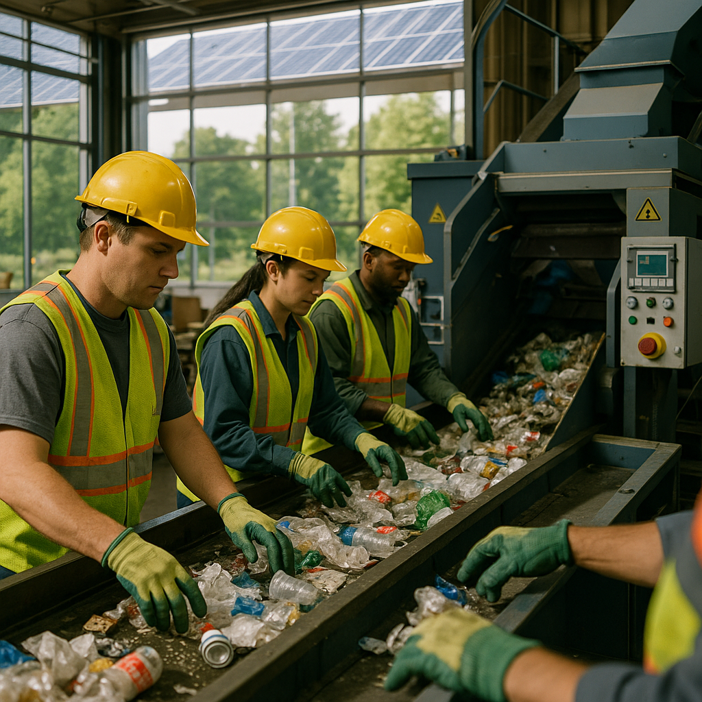 Futuristic recycling plant featuring solar panels on the roof and workers operating advanced machinery in lush green surroundings.