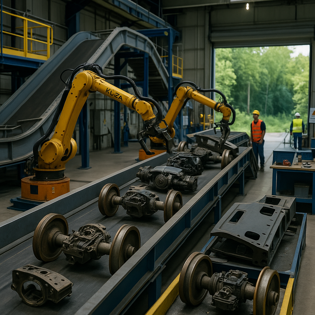 Futuristic Recycling Plant Futuristic recycling plant with automated systems processing train parts surrounded by lush greenery