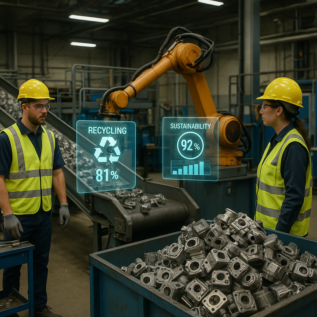 Futuristic Recycling Plant with Automation Futuristic recycling plant with automated sorting systems for CNC machine parts and holographic displays showing sustainability metrics.