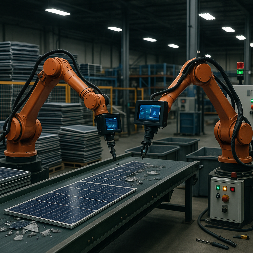 Automated Solar Panel Recycling Line Futuristic automated solar panel recycling line with robots and AI systems sorting materials efficiently.