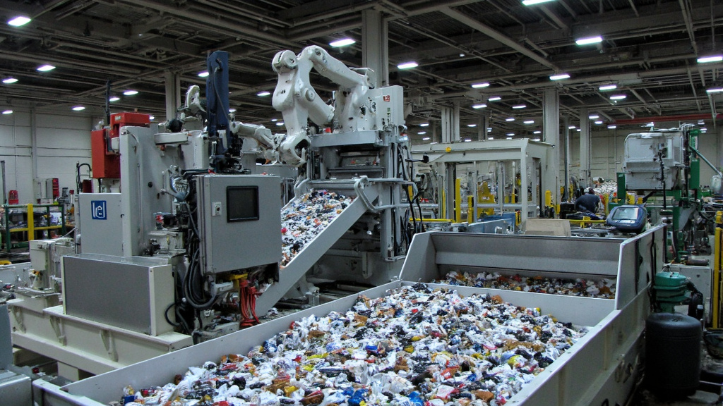 Futuristic Recycling Facility Futuristic recycling facility with advanced sorting machines processing aluminum scrap and robotic arms in operation.