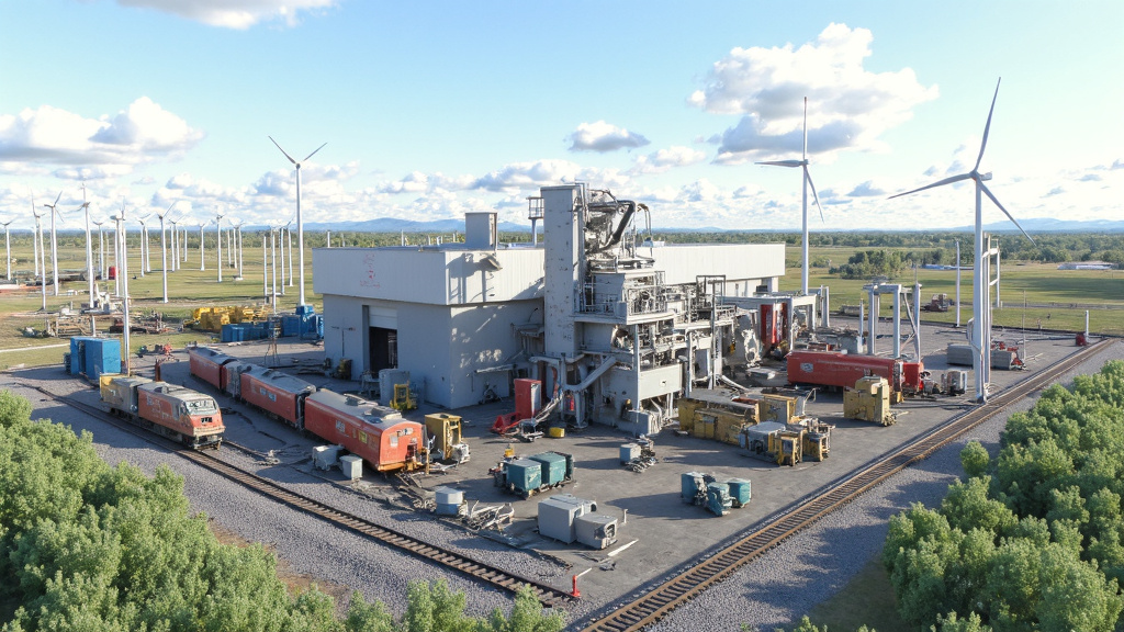 Futuristic Recycling Plant with Robotics Futuristic recycling plant with advanced robotics processing train parts and visible sustainable energy sources.