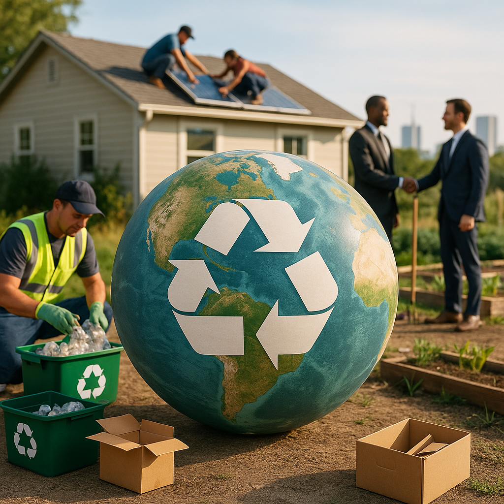Globe with Recycling Symbol Globe with recycling symbol, surrounded by diverse scenes of environmental protection, energy savings, and economic growth