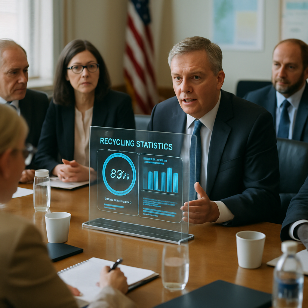Futuristic Recycling Discussion Government officials and industry representatives in discussion around a table with a futuristic holographic display showing recycling statistics and proposed regulations.