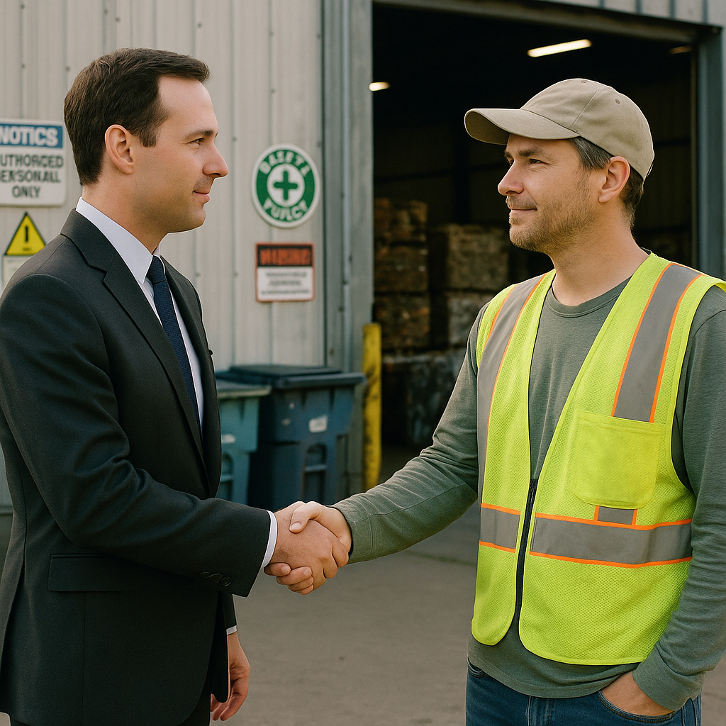 Executive and Community Leader Handshake at Recycling Facility Handshake between a suited executive and a community leader with a recycling facility in the background.