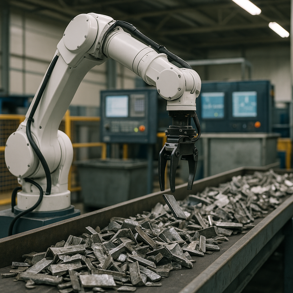 Futuristic Recycling Facility with Robotic Arm High-tech robotic arm separating steel waste on a conveyor belt in a futuristic recycling facility with data screens.