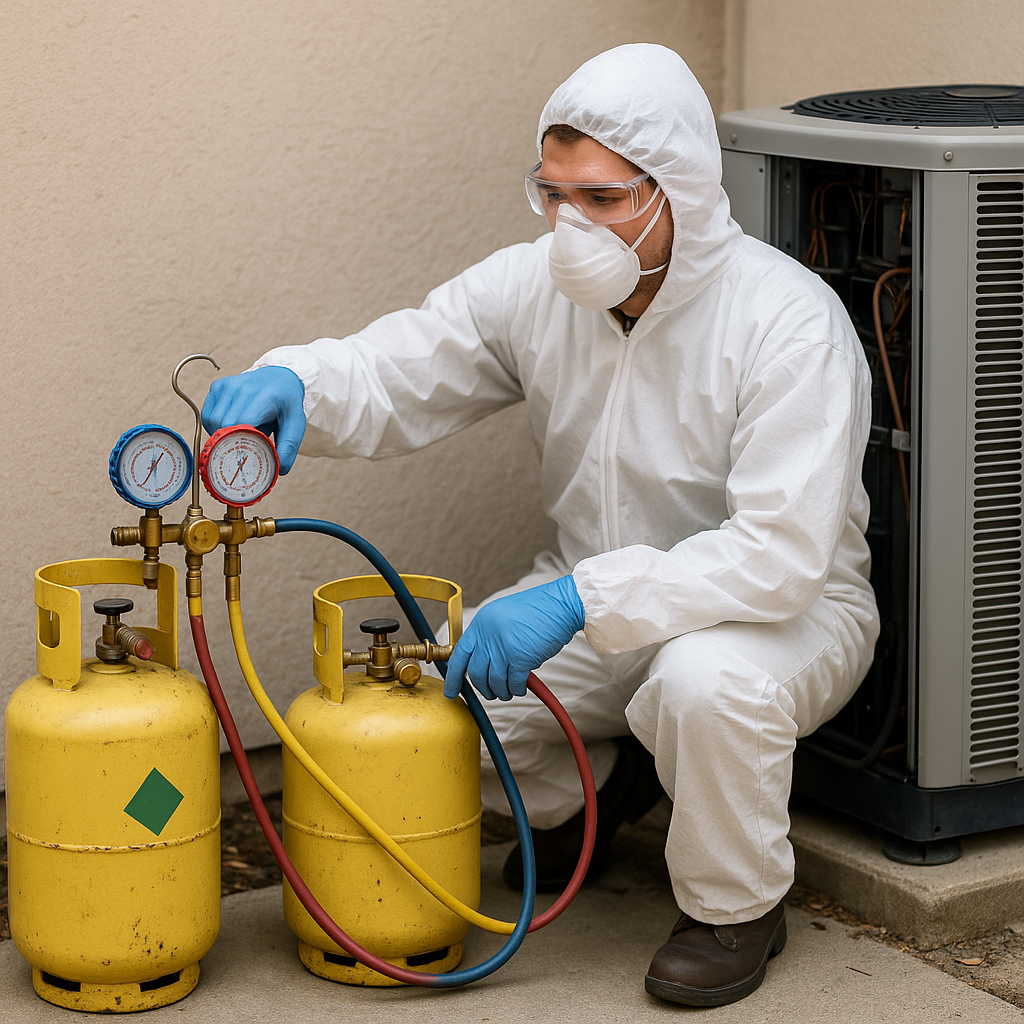 Technician in protective gear carefully extracting refrigerant from HVAC unit into specialized containment cylinders.