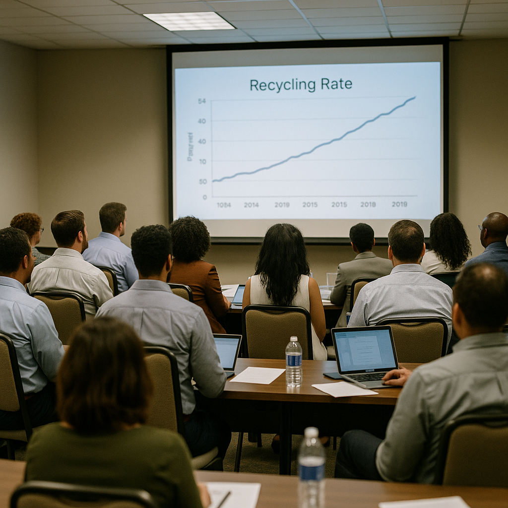 Increasing Recycling Rates Presentation Graph showing increasing recycling rates on a screen with an attentive audience in a conference room.