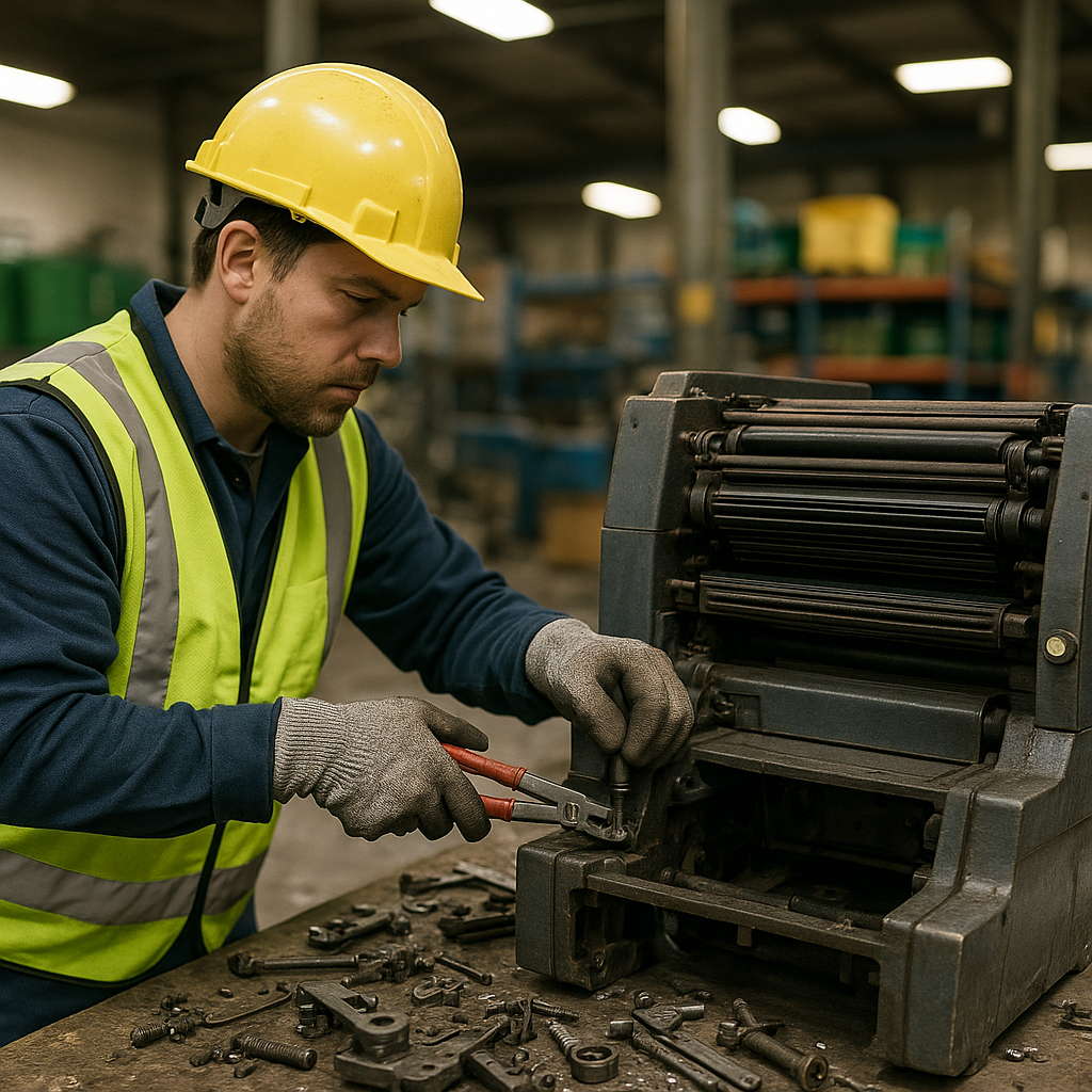 Dismantling Industrial Printing Press Worker using specialized tools to dismantle a large industrial printing press in a recycling facility.