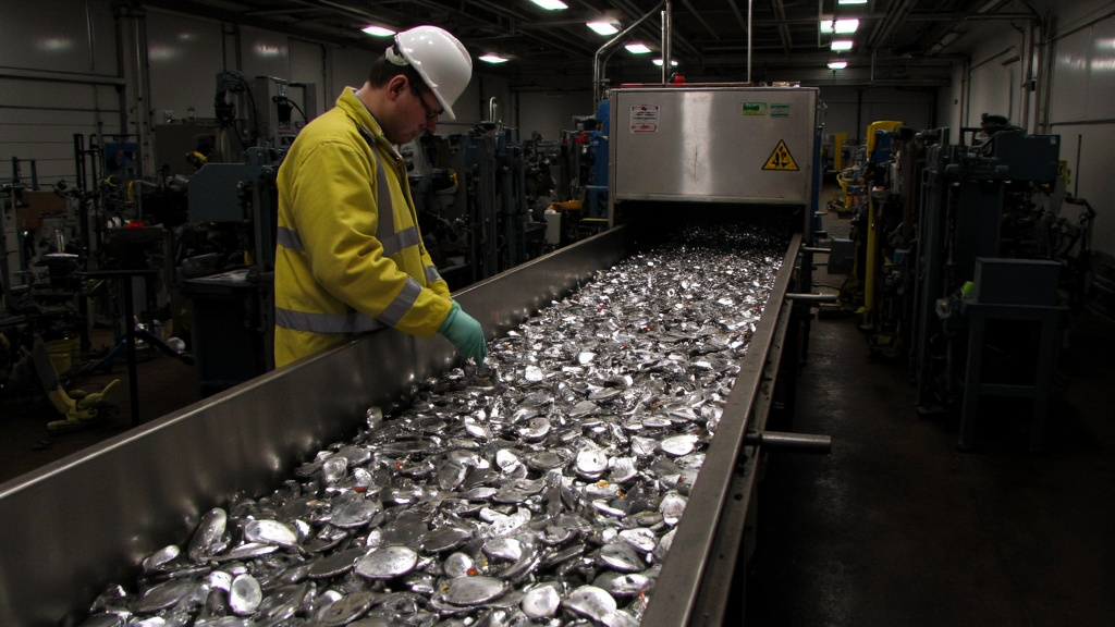 Industrial Recycling Facility with Workers Workers sorting stainless steel items on a conveyor belt in an industrial recycling facility