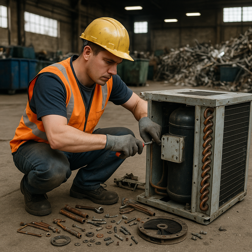 Disassembling Large Chiller Unit in Recycling Facility Industrial worker disassembling a large chiller unit in a recycling facility with tools and components visible.