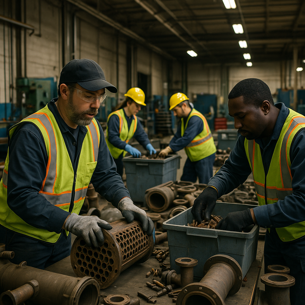 Industrial Recycling Facility Industrial recycling facility featuring disassembled chillers and workers sorting metal components