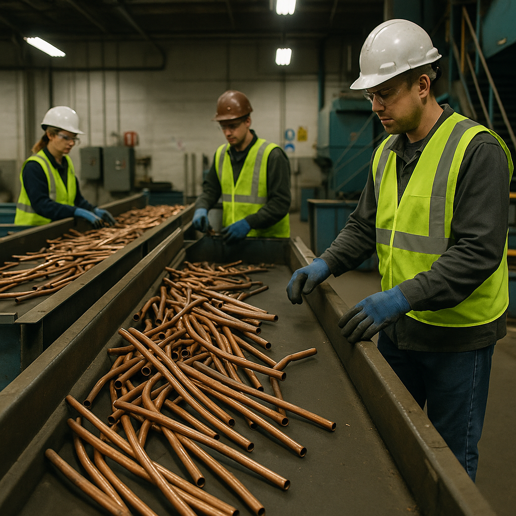 Industrial Recycling Facility with Copper Tubing Industrial recycling facility with conveyor belts carrying copper tubing and workers overseeing the process.