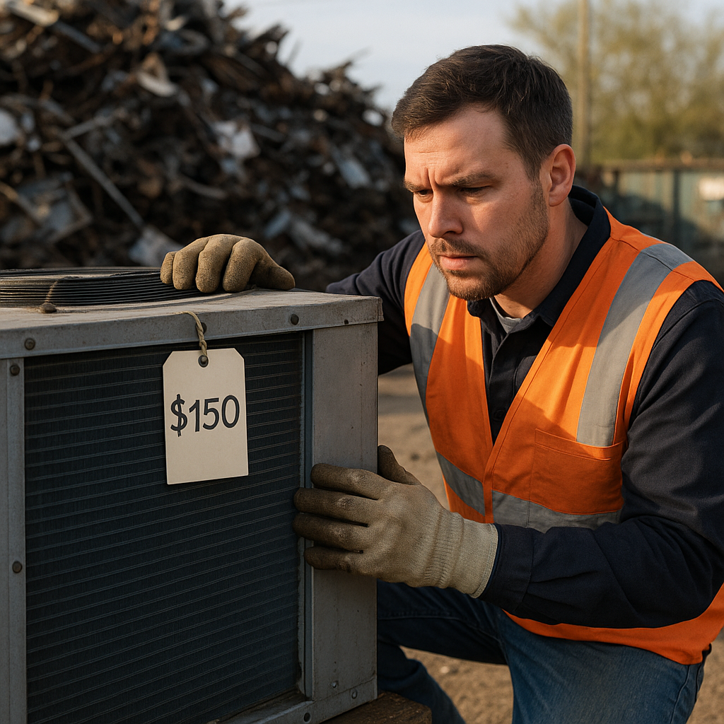 Inspection of Chiller Unit in Scrap Yard Industrial worker examining a large chiller unit with a price tag, surrounded by a scrap metal yard.