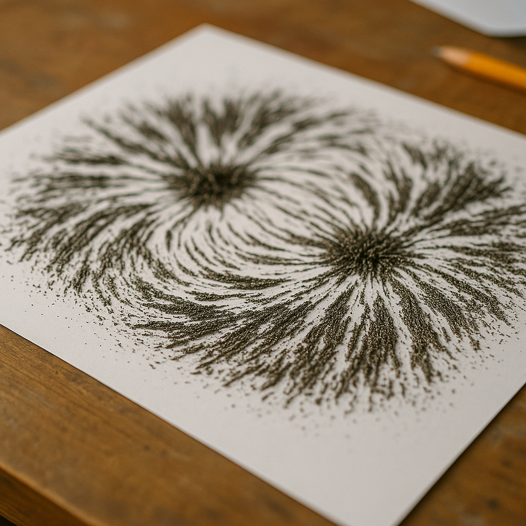 Iron Filings and Magnetic Field Close-up view of iron filings aligning on paper over a strong magnet, showing visible magnetic field lines.