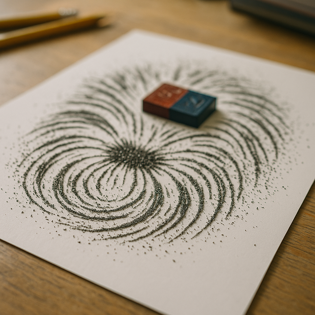 Close-up view of iron filings aligning on paper over a strong magnet, showing magnetic field lines.