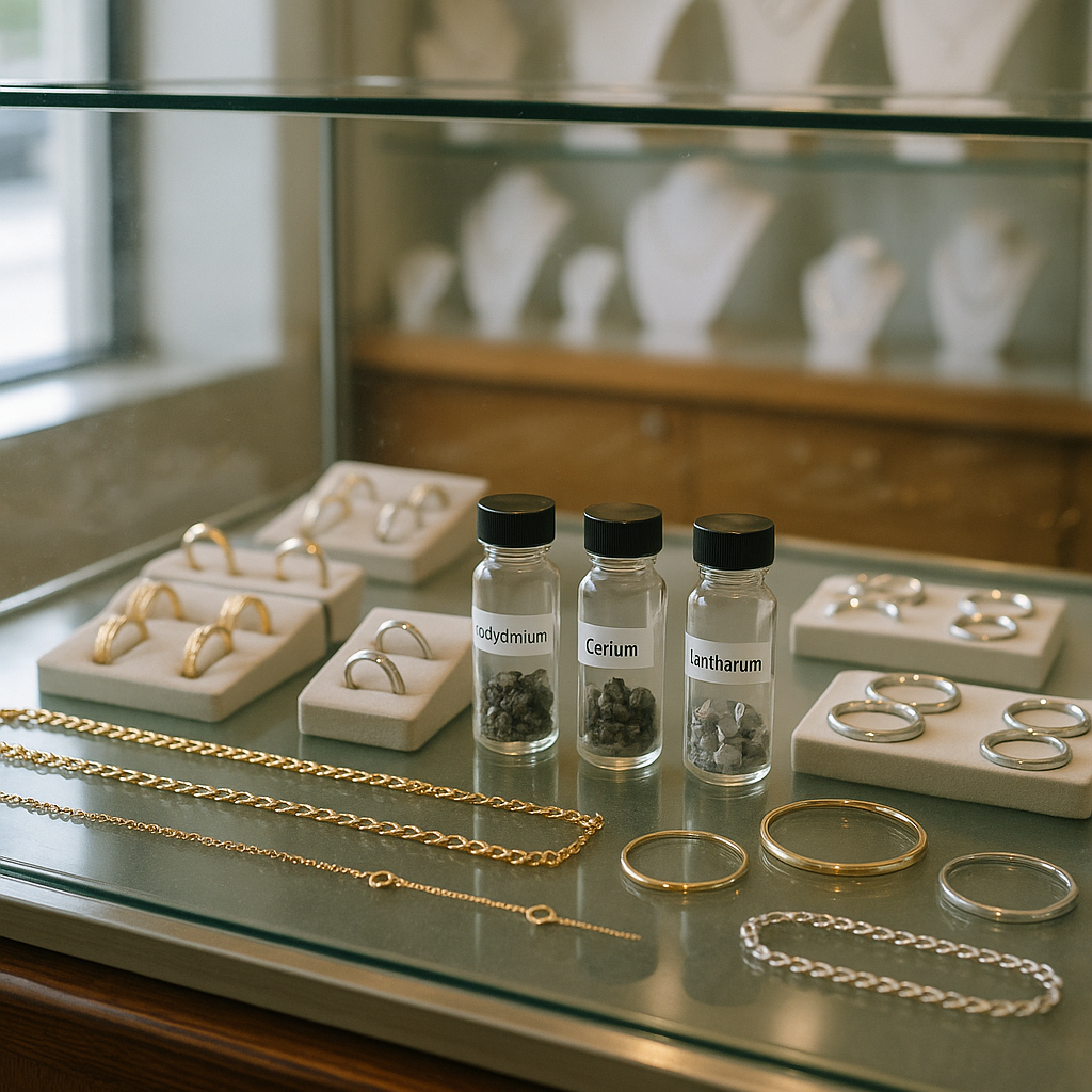 Gleaming Jewelry and Rare Earth Metals Display Display case featuring gold, silver, and platinum jewelry alongside vials of rare earth metals.