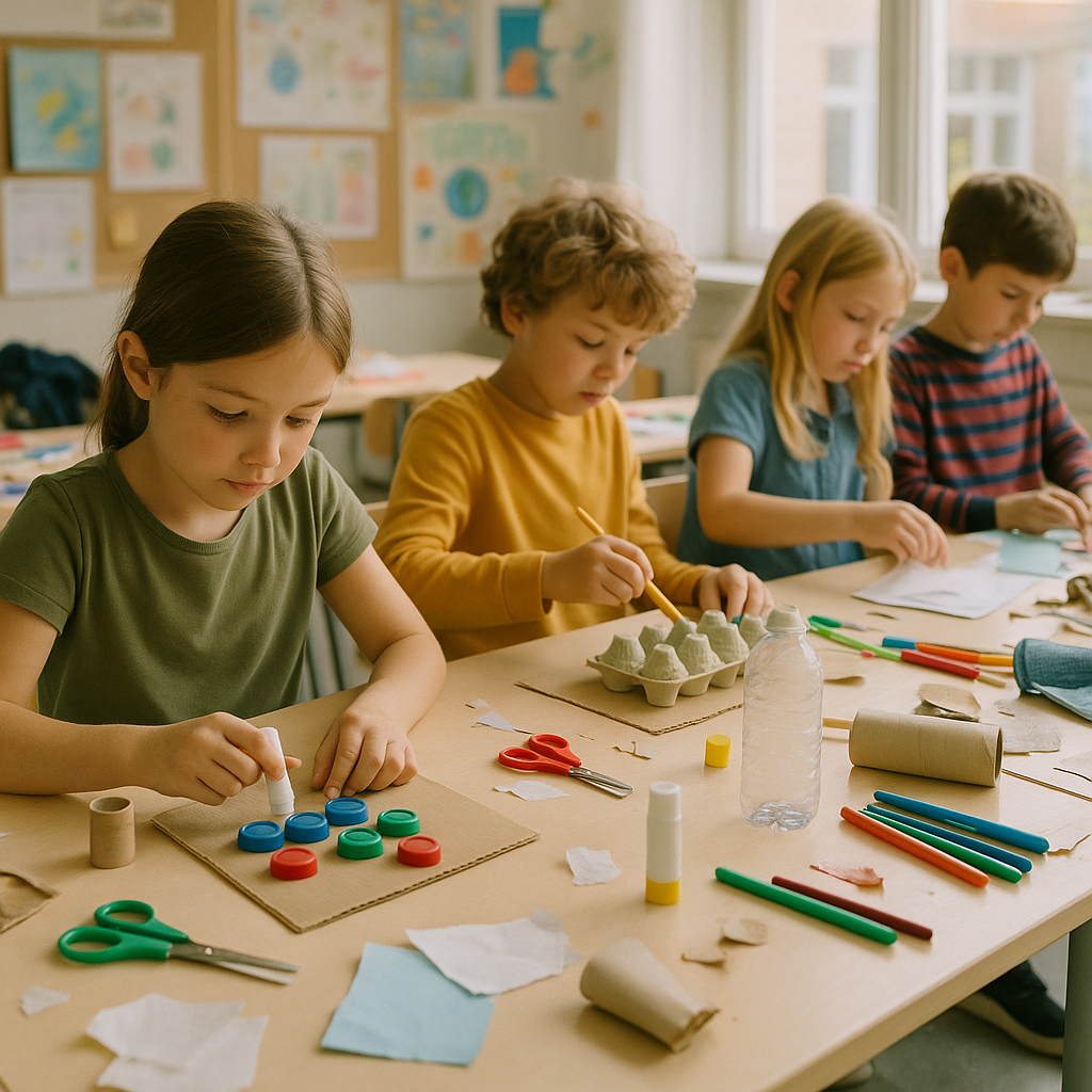 Kids Crafting with Recycled Materials Kids engaged in crafting with recycled materials in a bright classroom.